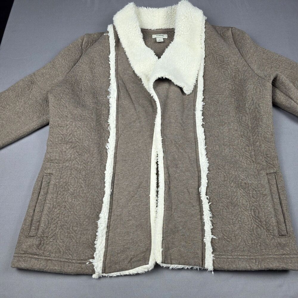 LL Bean Quilted Knit Cardigan Coat Sherpa Trim Draped Shawl Neck Taupe S Petite